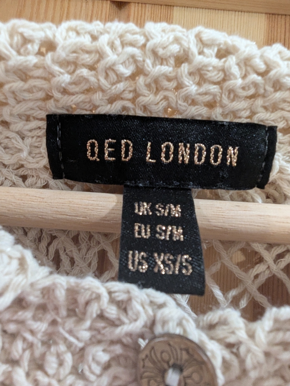QED London Crochet Button-Down Short Sleeve Top - Cream - Picture 8 of 9